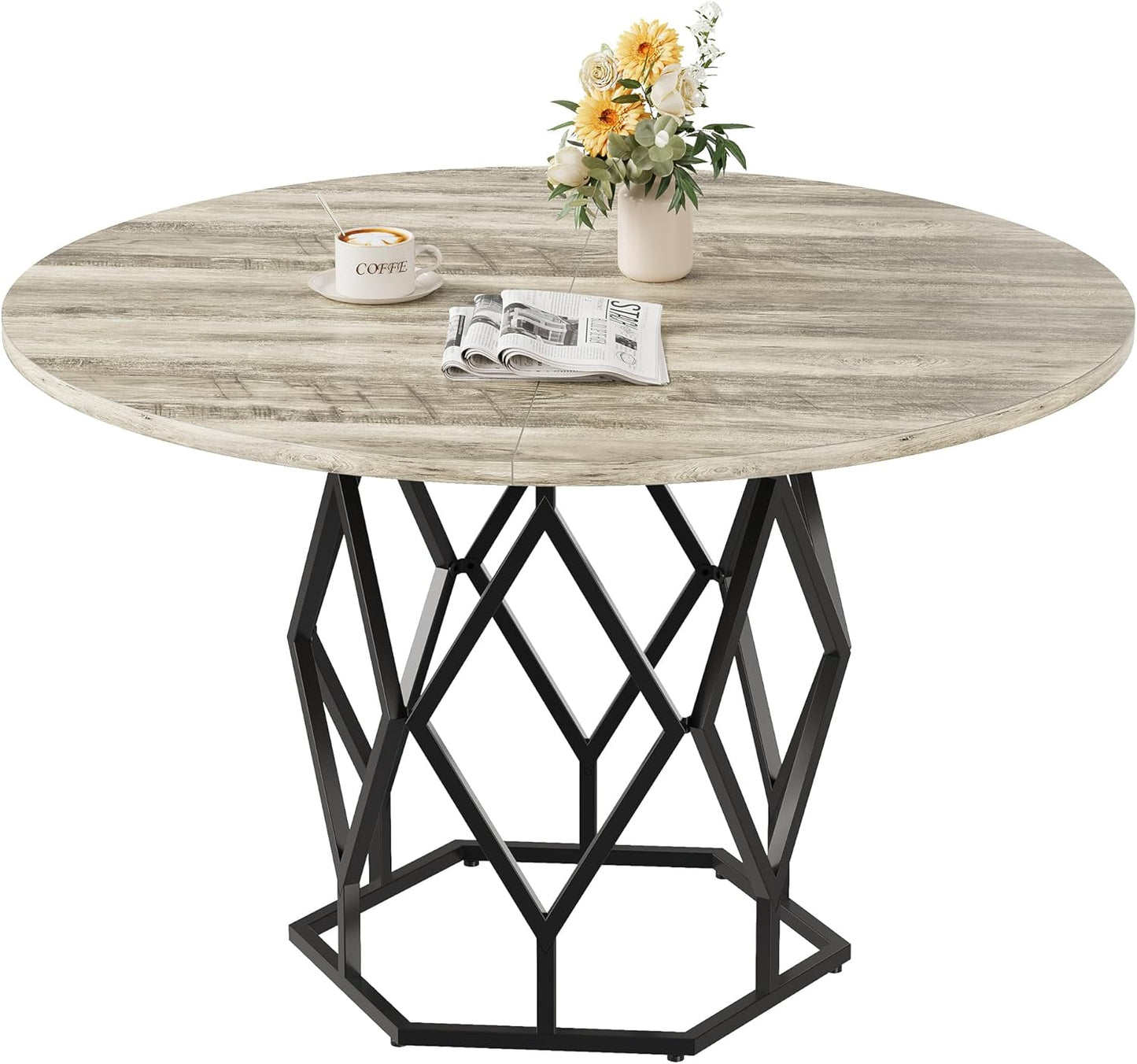 GarveeHome Round Dining Table for 4-6 People, 47 Inch Farmhouse Kitchen Table, Sturdy Metal Base, Industrial Wood Dinning Room Table for Kitchen, Grey