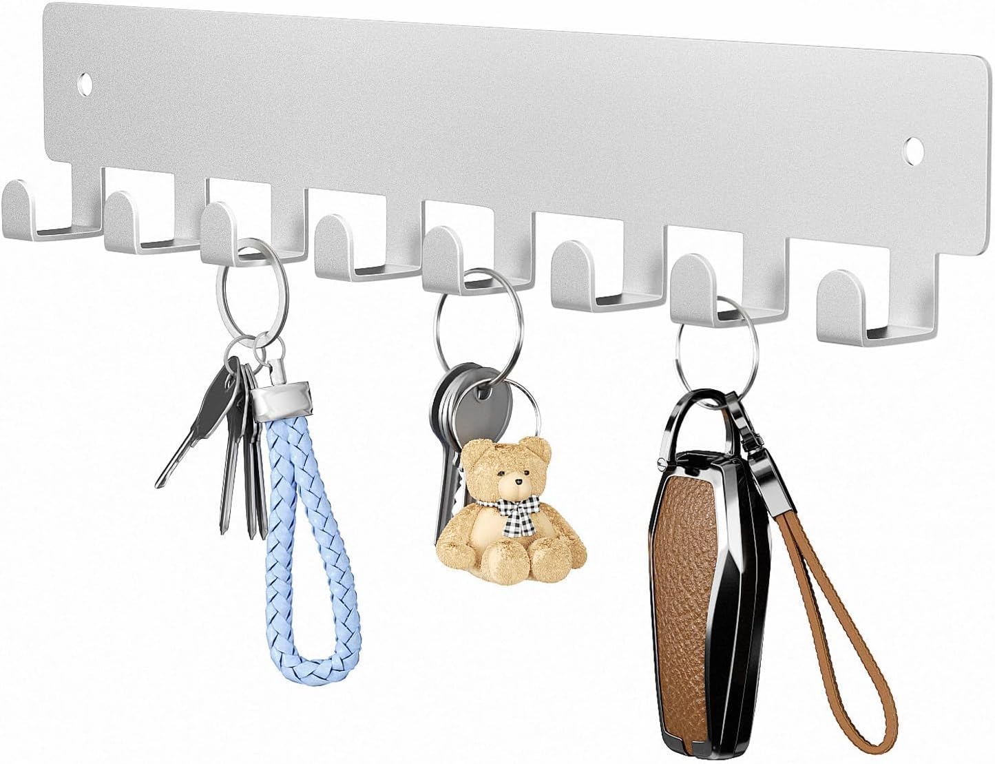 pickpiff Sliver Key Holder for Wall Adhesive, Key Hooks with 8 Hooks, No Drill for Living Room, Kitchen, Office