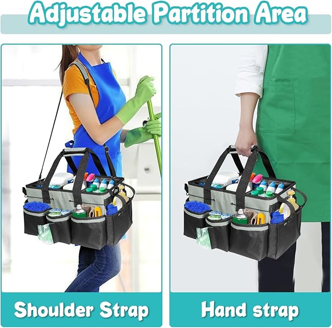 Wearable Cleaning Caddy Bag, Cleaning Caddy Suppliers Organizer with 4 Foldable Dividers, Handle & Shoulder Straps Cleaning Tool Organizers for Cleaners & Housekeeper (Grey)