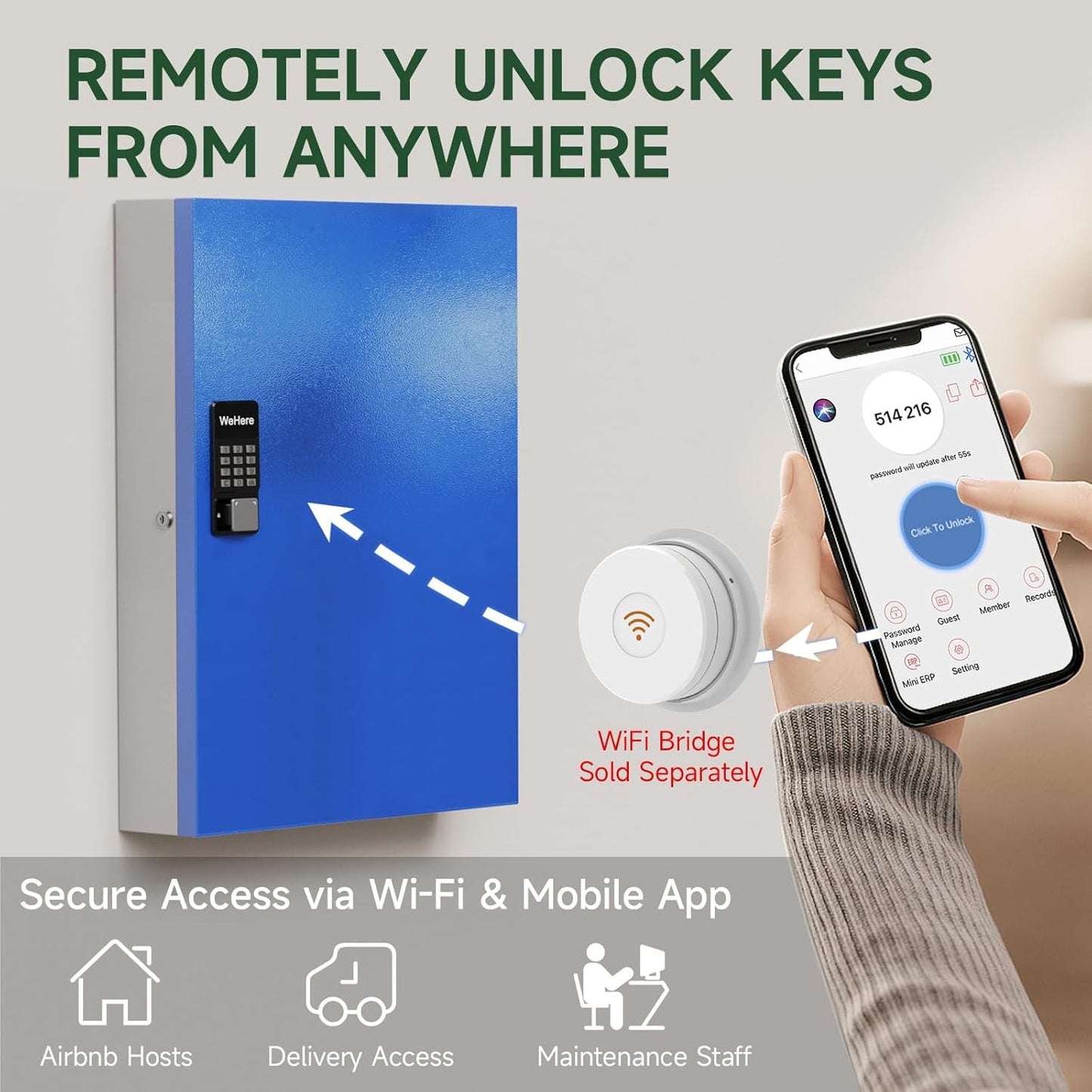 WeHere 192 Key Lock Box Wall Mount, APP Bluetooth/Wi-Fi, OTP/Fixed Code, Smart Key Cabinet with Tag, Key Organizer Holder box for Office, Valet, Realtor, Hotel Key Management