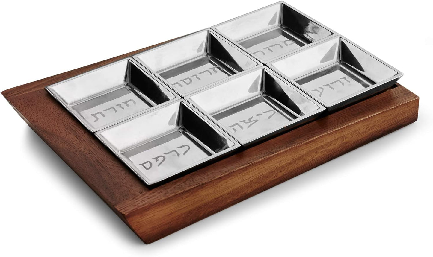 Nambe - Holiday Collection - Geo Wood and Alloy Seder Plate - Measures at 13.5" x 9.5" x 2" - Made with Nambe Alloy and Acacia Wood - Designed by Mikaela Dörfel