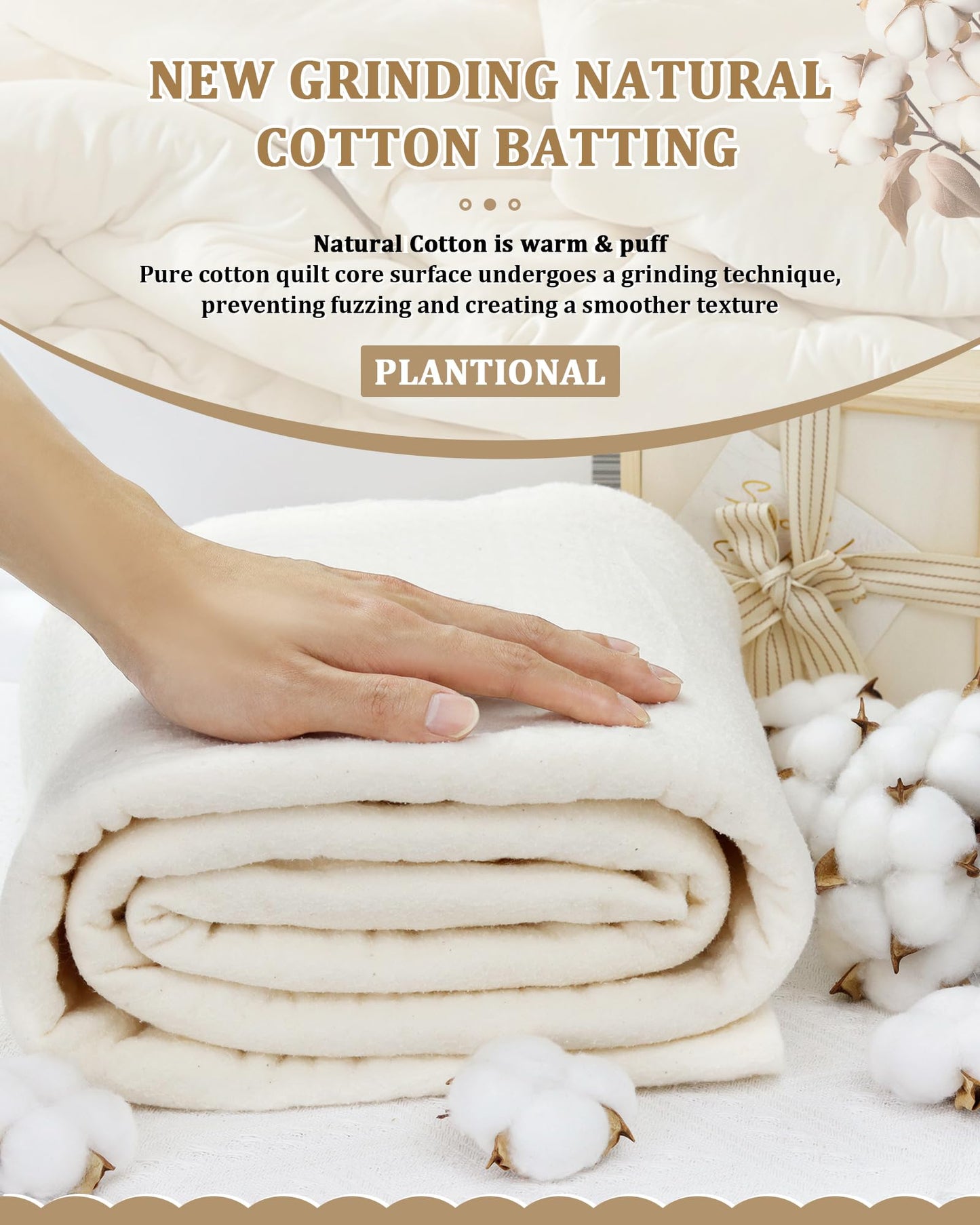 PLANTIONAL Grinding Natural Cotton Quilt Batting: 47-Inch x 59-Inch Light Weight Purely Natural All Season Quilt Batting for Quilts, Craft and Wearable Arts