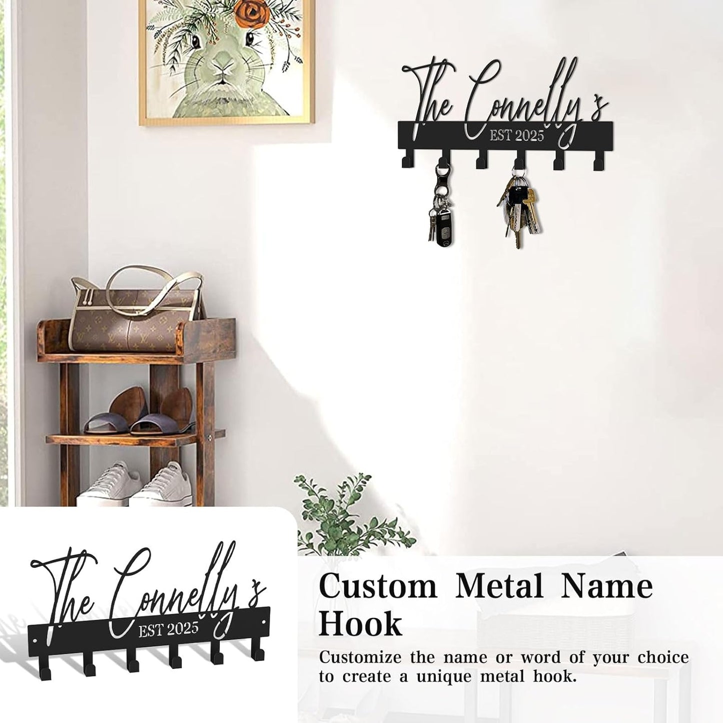 Personalized Key Holder for Wall, Custom Black Metal House Decoration Key Hooks, Key Rack Hooks, Key Hanger Organizer, Suitable for Doors, Corridors, Living Rooms, Bedrooms