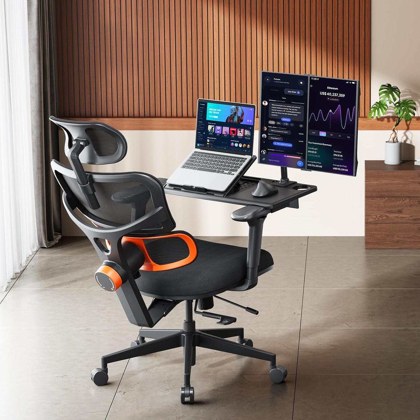 Newtral Ergonomic Office Chair - Home Office Desk Chair, Big and Tall Office Chair with Auto-Following Lumbar Support, Adjustable Seat Depth and Height (No Foot Rest + Laptop Table, Black)