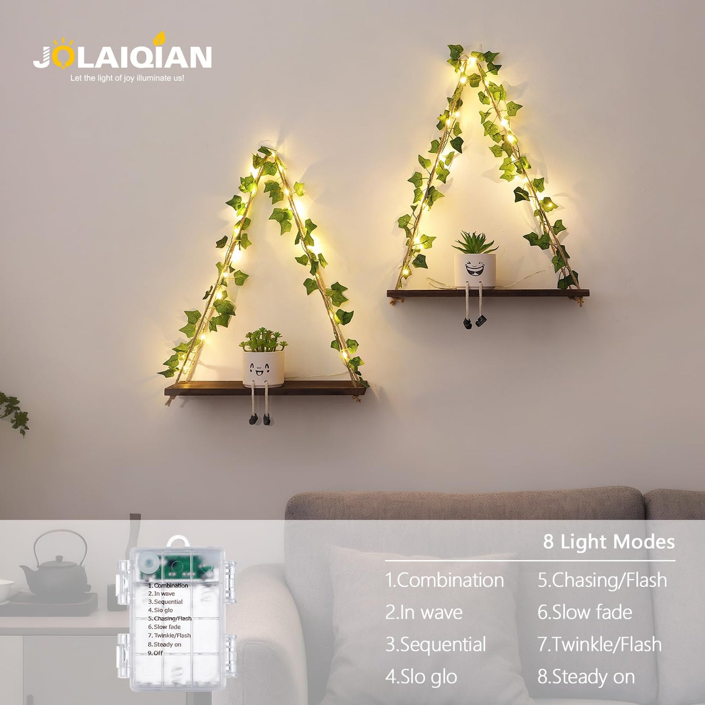 JOLAIQIAN Floating Shelves for Wall, Hanging Shelves with Artificial Ivy LED String Light, No Drilling Hanging Shelf, Wood Hanging Plant Shelves for Wall Décor, Boho Decor, Art Bedroom, Set of 2