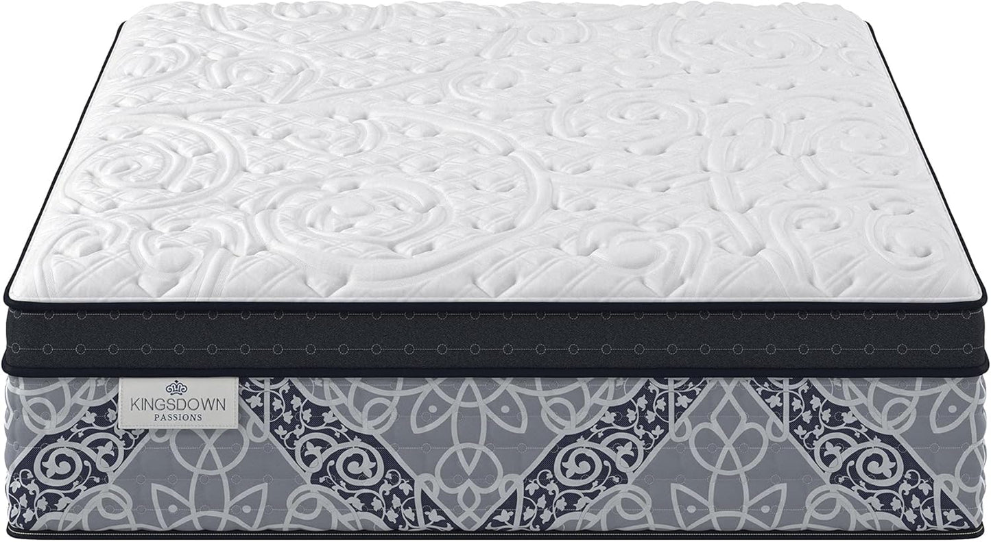 Kingsdown Passions Kelbrooke 16" Plush Euro Pillow Top Hybrid Mattress Twin, Cool Gel Memory Foam Layer Motion Isolation Quilted Top Premium Mattress