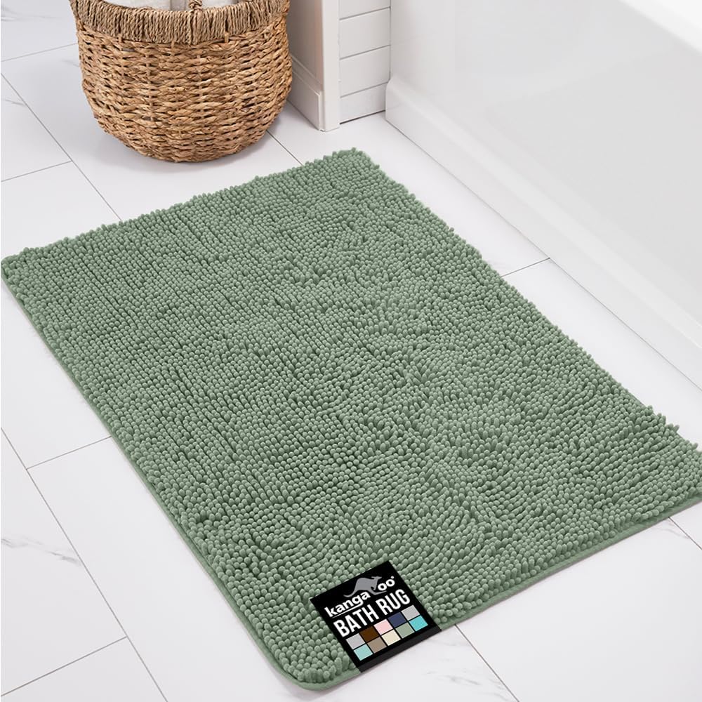 KANGAROO Bathroom Rugs, Chenille Soft Absorbent Bath Rug, Shaggy Shower Mat, Quick Dry Machine Wash Bathmat, Plush Carpet Mats for Tub, Bathtub and Room Home Decor Accessories, 42x24, Sage