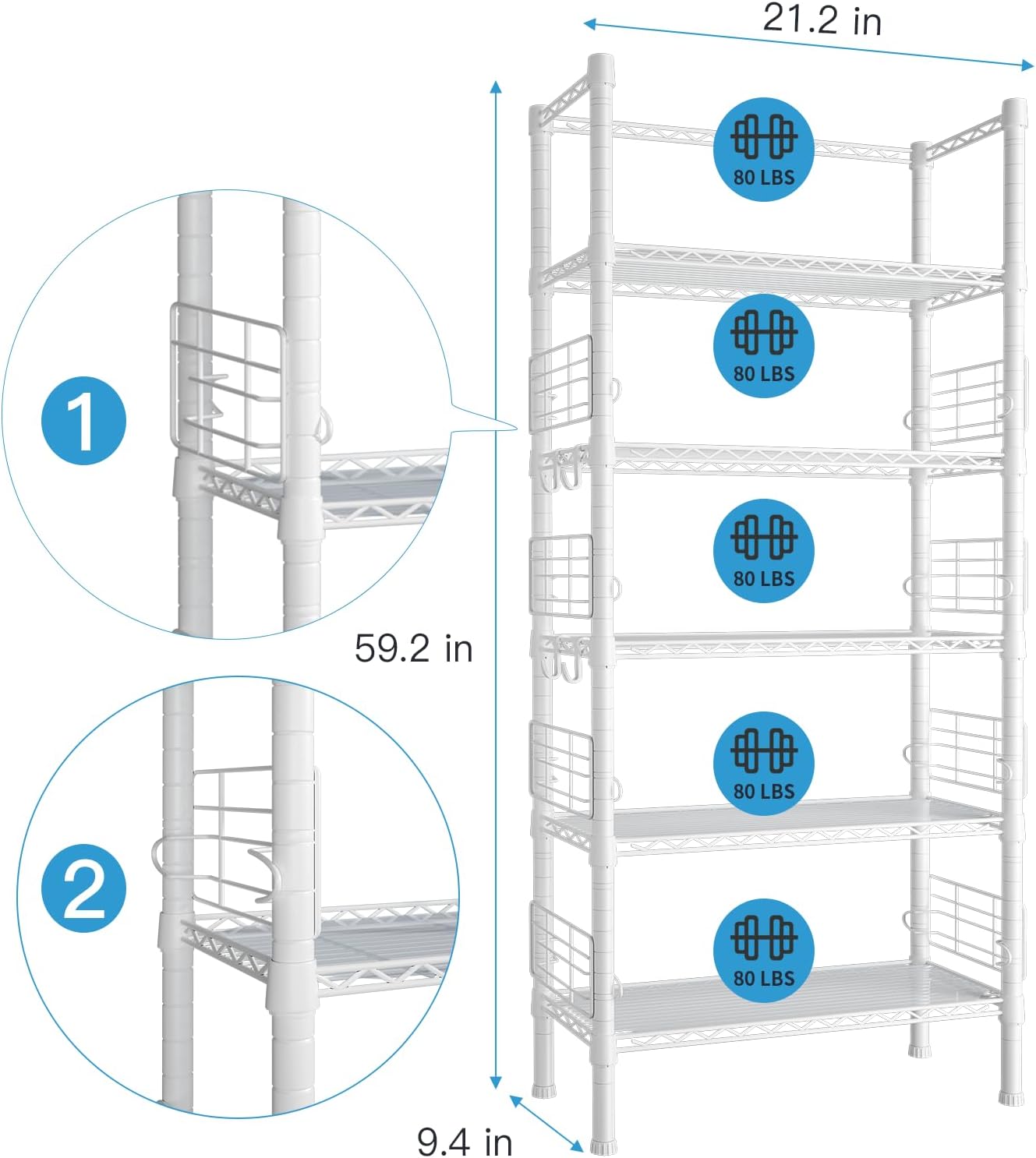 Metal Storage Rack, Storage Organizer Shelves for Kitchen, Bathroom, Living Room, Balcony and Garage, 5 Tiers Narrow Bookshelf, 21.2" W x 9.4" D x 59.2" H, Load 400lbs, White