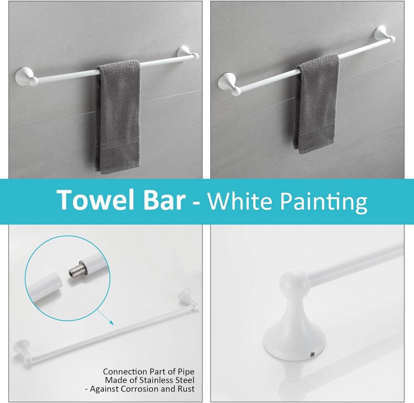 BGL Bathroom Accessories Set, White Paint Expandable Towel Bar 4-Piece Bathroom Accessory Set Wall Mounted Towel Ring Robe Hook Toilet Paper Holder Towel Holder
