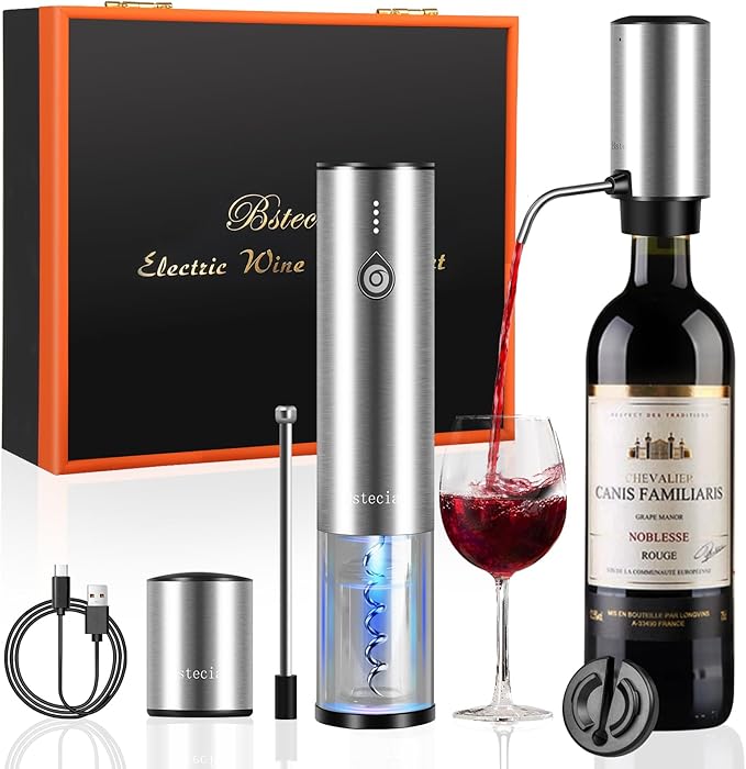 Electric Wine Bottle Opener Set, with Luxurious Wooden Gift Box, 2-in-1 Electric Decanter Wine Aerator & Dispenser, Vacuum Stopper, Foil Cutter, Automatic Wine Opener for Wine Lovers Home Bar