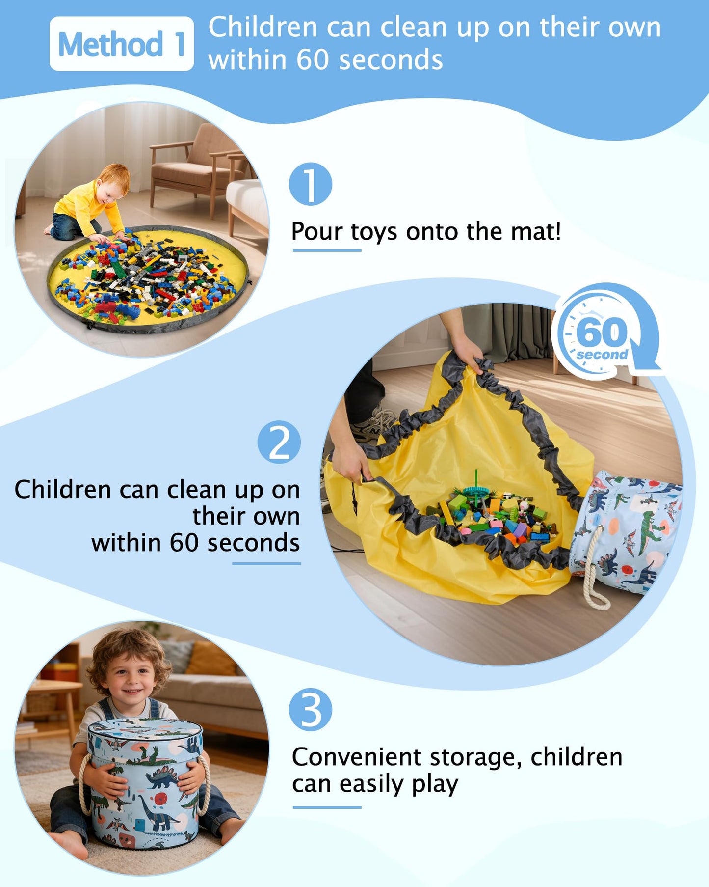Toy Storage Organizer, Foldable Bag with 60" Play Mat for Kid, Playroom Basket Bin with Lid for Building Scattered Blocks, Thin Toy Mats Are Perfect for Homes with Carpets, Blue Dinosaur