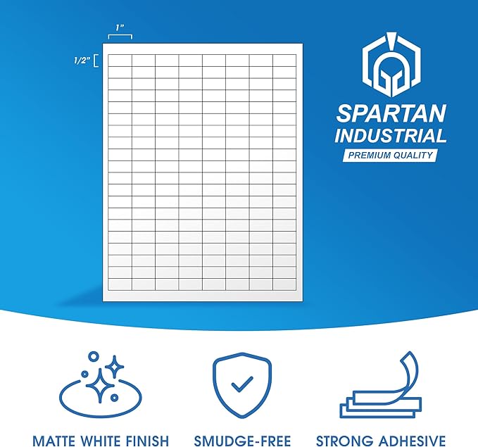 1" X 0.5" Matte White Printable Labels for Inkjet and Laser Printers - 100 Sheets, 16000 Custom Stickers for Address Labels, Price Tags, Barcodes, Inventory - Spartan Industrial Template R001