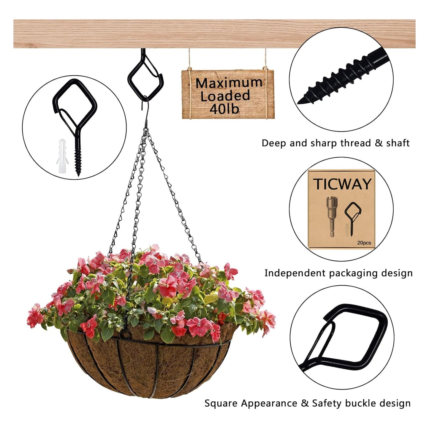 Ticway 20 PCS Q-Hanger Hooks for String Lights, Ceiling Hooks for Hanging Plants, Wind Chimes, Bird Feeders, Lanterns, Christmas Decorations (Square Hanger) Black