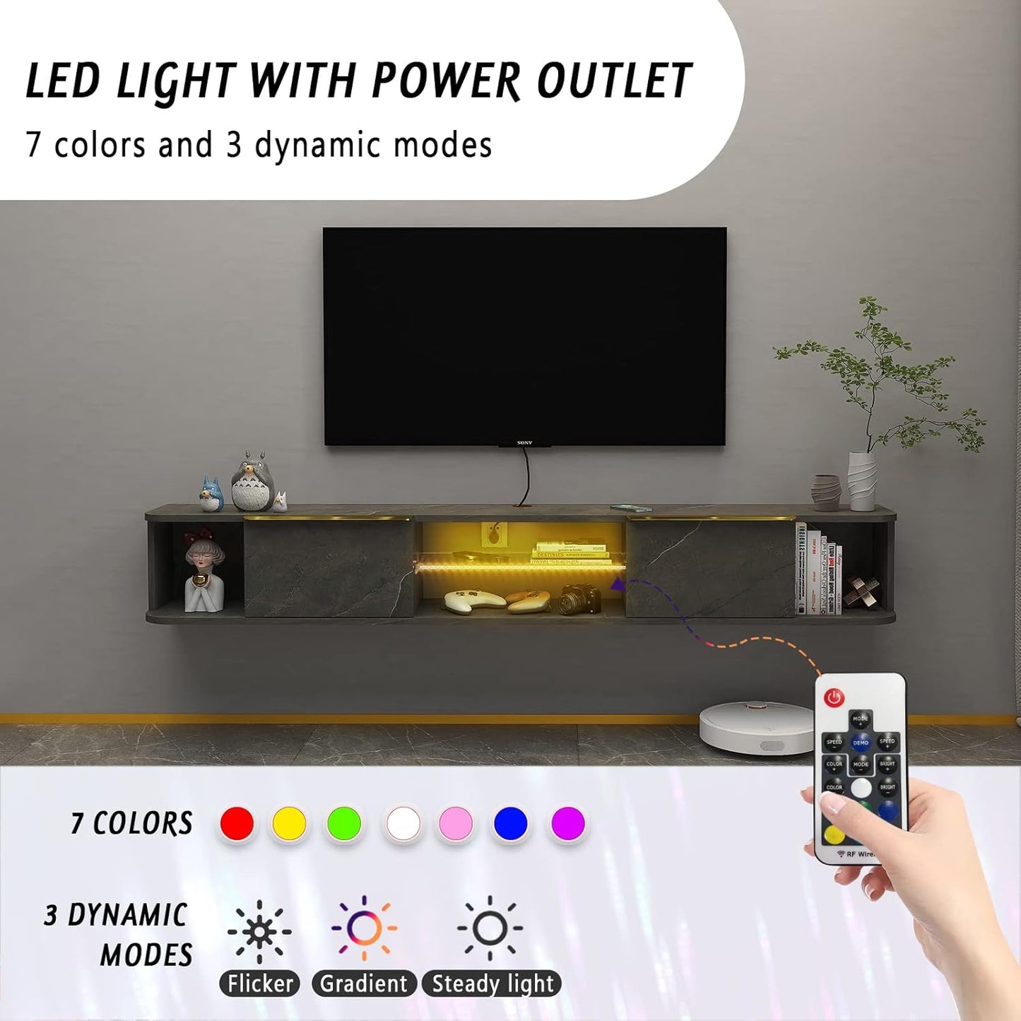 Pmnianhua LED Floating TV Stand with 2 Drawers for 80 inch TV,78'' Floating TV Shelf with LED Lights,Wall Mounted TV Console,Floating Shelf for Under TV (Dark Grey)