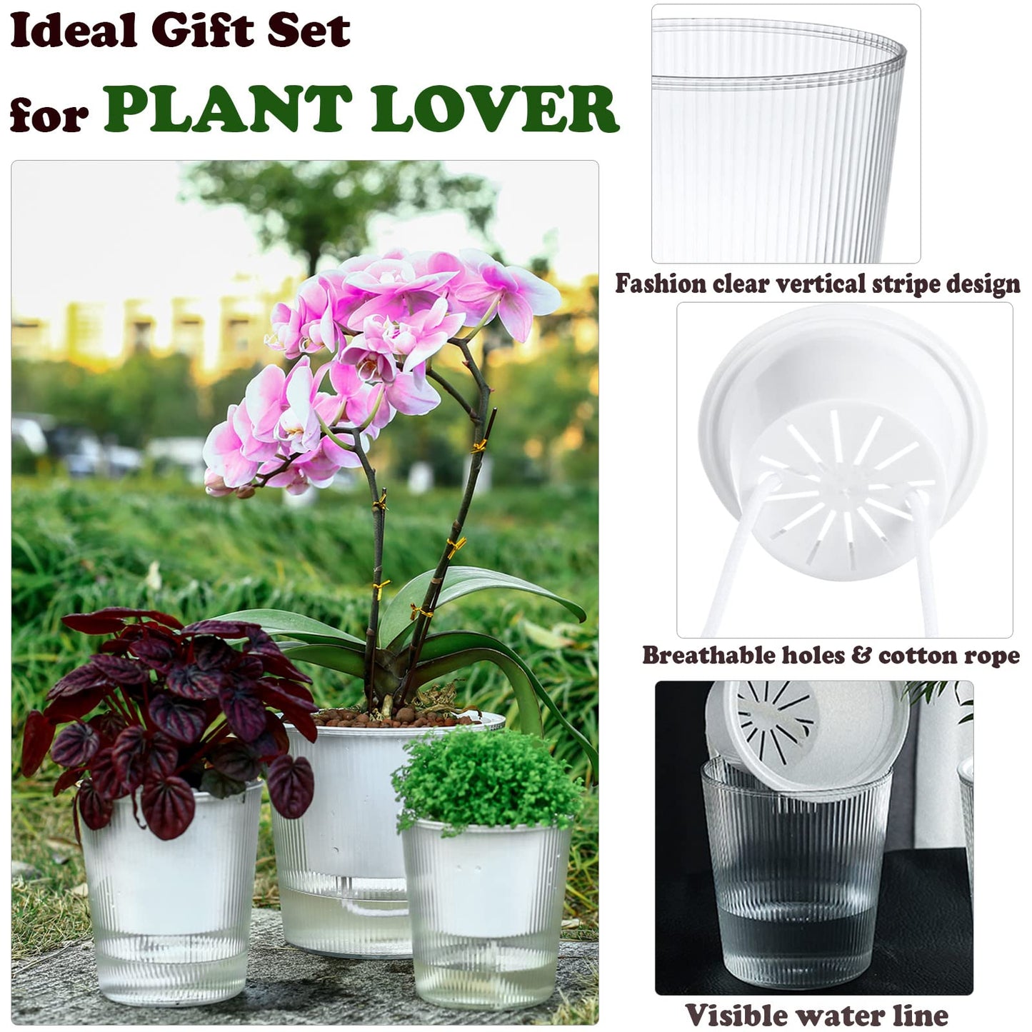 4-Pack 6.5 Inches Clear Self-Watering Planters and Pots for Indoor Plants Large Orchid Plant Pots Plastic Wick Flower Pots, African Violet Pot Set, Home Decor Pot