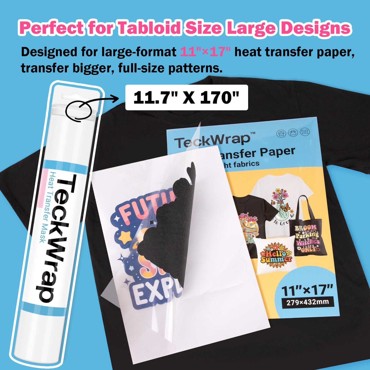 TECKWRAP Heat Transfer Mask for Heat Transfer Paper for T-Shirts 1 roll, 11.7" X 170" Masking Film Clear Iron on Transfer Tape for HTV Printable Heat Transfer Vinyl