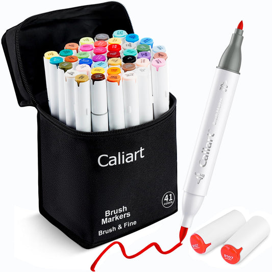 Caliart Alcohol Markers 41 Colors Brush & Fine Dual Tip Art Markers Set, Permanent Pens for Adults Artists Drawing, Coloring Books Anime Illustration, Highlighting Sketch Art Supplies with Carry Case