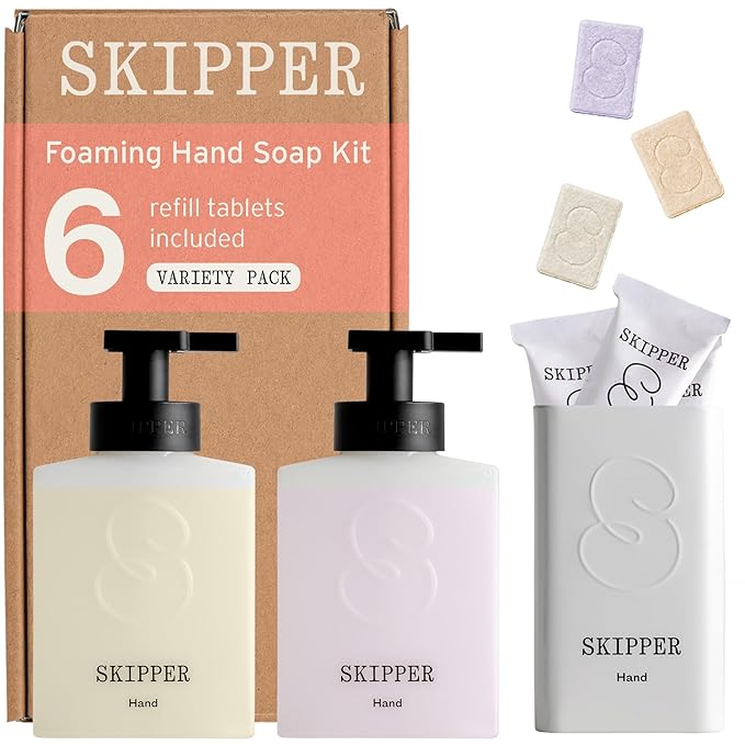 Tirtyl Skipper Hand Wash Duo Kit - 2 Recycled Plastic Foaming Dispensers + 6 Tablet Refills (6x 8 fl oz bottles of soap) + 1 Storage Tin - Variety Fragrances