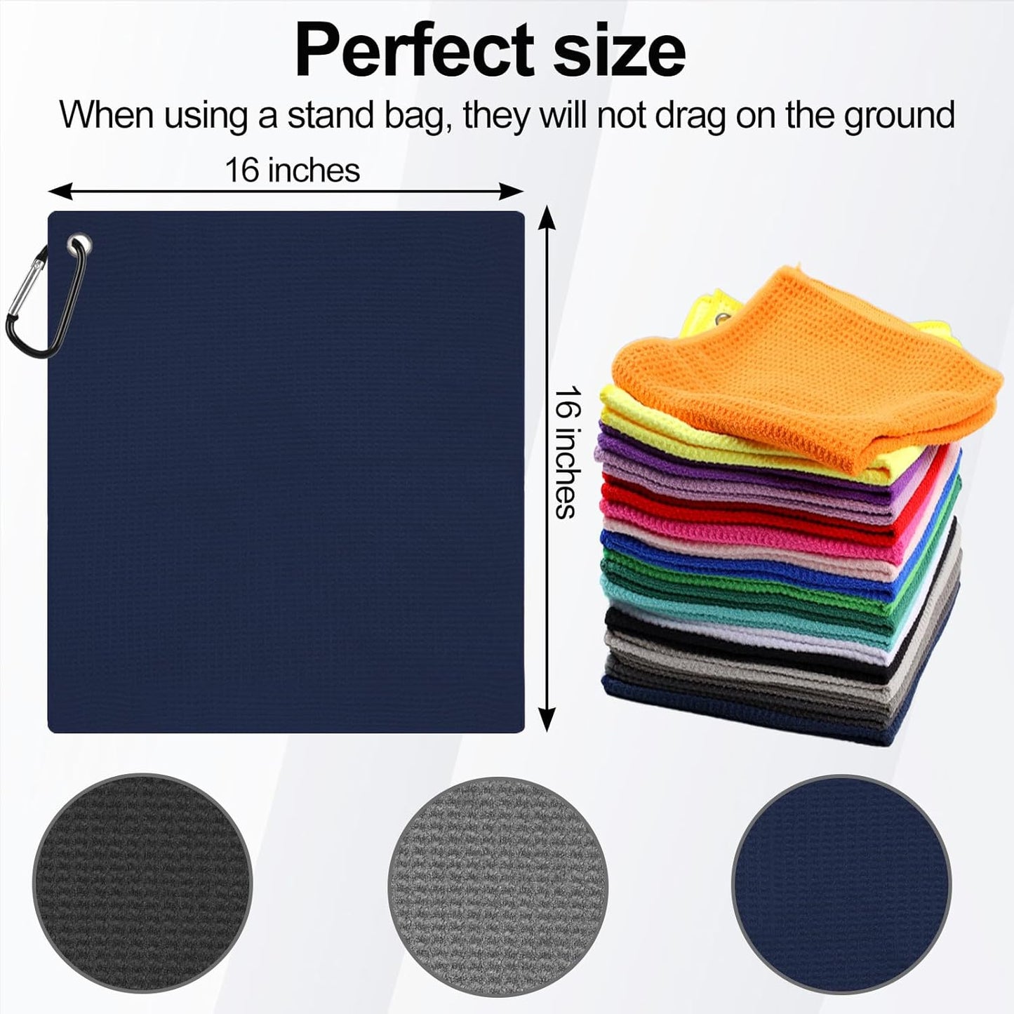3 Pack 16" x 16" Golf Towels, Premium Waffle-Pattern Microfiber Golf Towels with Carabiner Clip, Super Absorbent, Sand Resistant, Wear Resistant, Black-Blue-Gray Colors