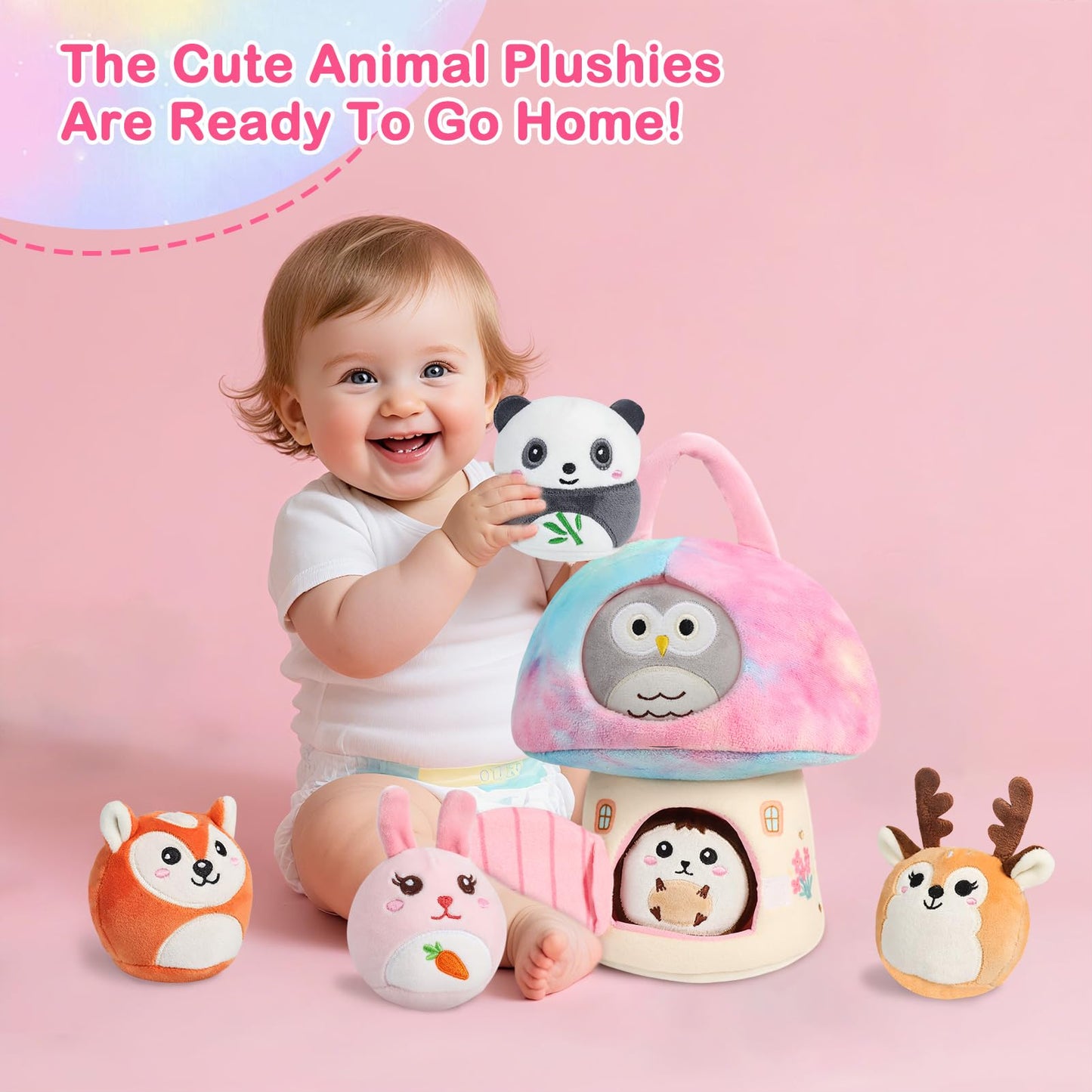 GUZROK Interactive Plush Mushroom House Playset with 6 Stuffed Animal Toys – Soft Sensory Toy for Babies & Toddlers, Montessori Learning Plush with Crinkle Sounds – Portable Gift for Boys & Girls