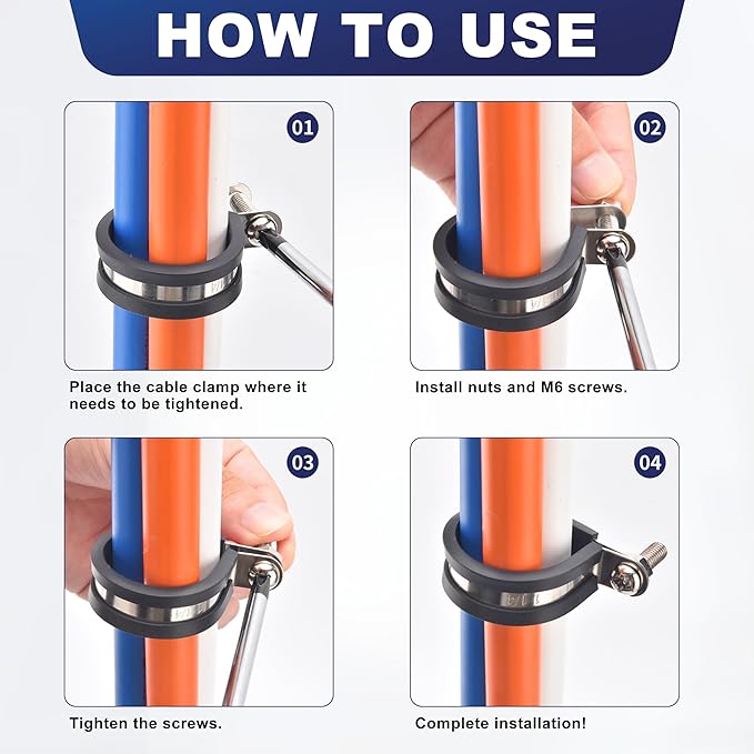 100PCS 3/16 Inch Rubber Coated Stainless Steel Cable Clamps - Insulated Pipe and Wire Cord Installation R-Clamps