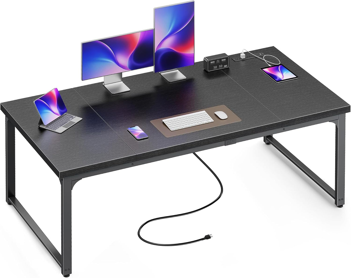 Huuger 63 x 31.5 inch Desk with Power Outlets & USB-C, 1.2 Inch Thicker Desktop, Robust Metal Tubes, Deep Computer Desk, Heavy Duty Office Work Desk, for Home Office, Black