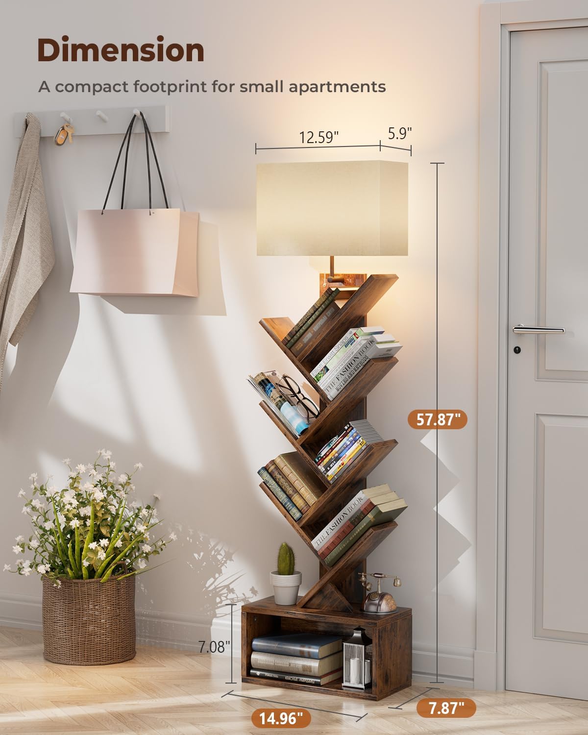 6 Tier Tree Bookshelf with Light, Narrow Bookcase Tower, Tall Floor Standing Book Organizer with Storage Cabinet for Living Room, Bedroom and Home Office, Rustic Brown