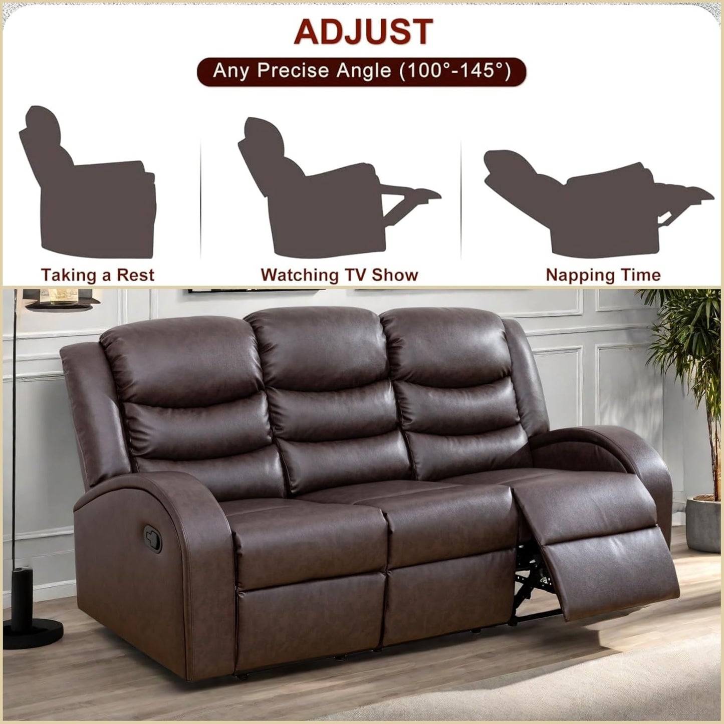 Leather Recliner Sofa Couch, 3-Seater Home Theater Seating Reclining Sofa, Power Reclining Couch with Cup Holders & Drop Down Table for Living Room Furniture Sets, Red