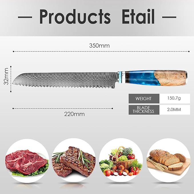 Bread Knife, Damascus Multifunction Serrated Knife, Professional Japanese VG10 Damascus Steel Bread Knife,Serrated Cake Knife Bread Cutter for Homemade Crusty Bread