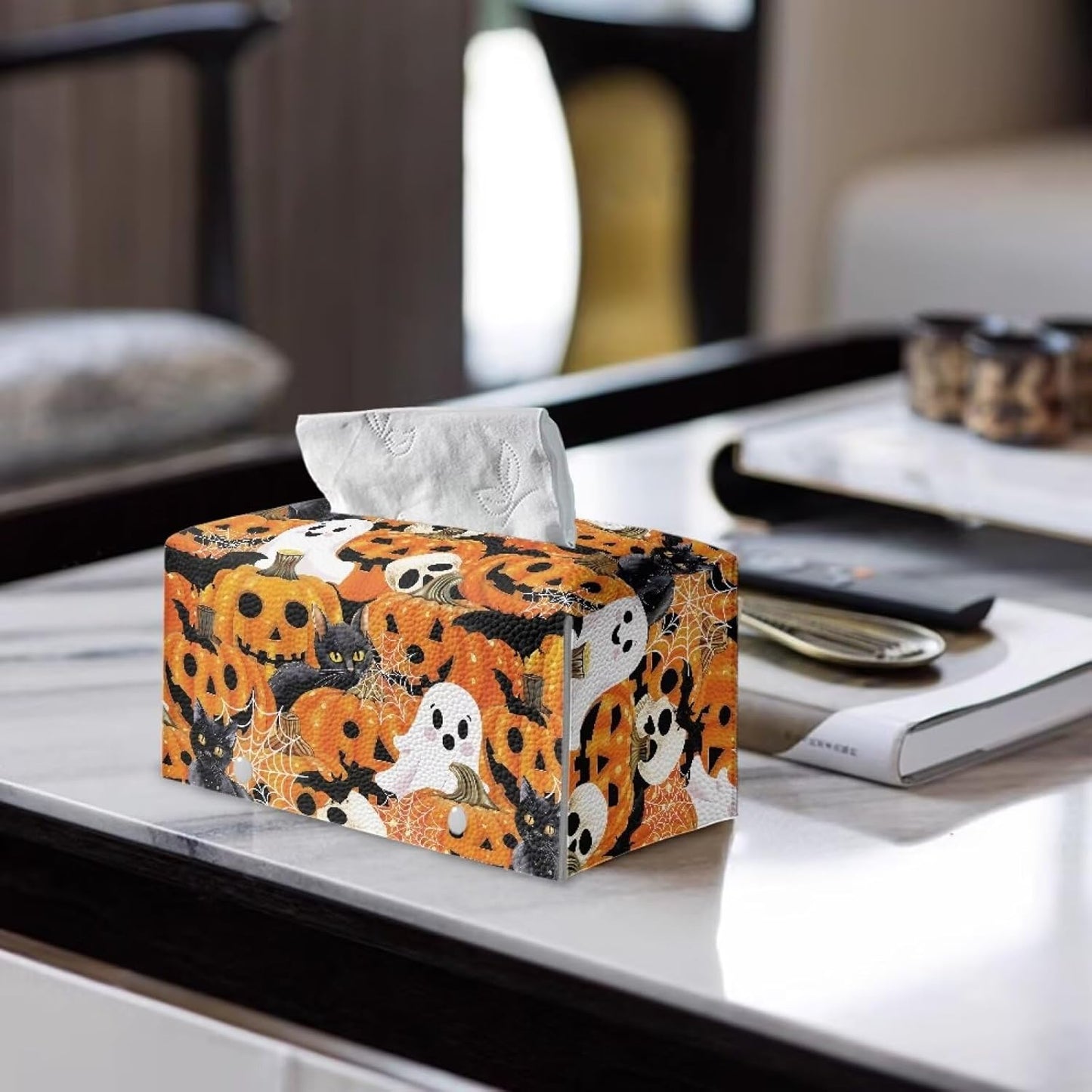 Ghost Tissue Box Cover Rectangular Tissue Box Holder Halloween Napkin Dispenser Organizer Waterproof Facial Paper Protector for Car Office Table Desk Kidsroom
