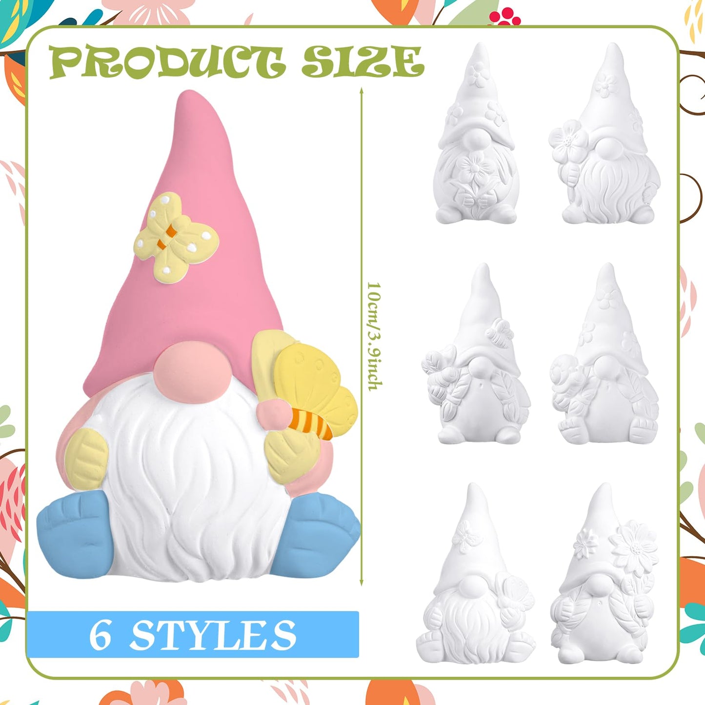 Poen 6 Sets Ready to Paint Your Own Ceramic Gnome Statues Spring DIY Unpainted Ceramics Gnome Figurines Kit Spring Crafts Gifts Drawing Figurines DIY Art and Craft with Brush Palette Paint for Adult