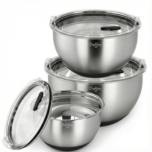 Mixing Bowls with Airtight Lids, Stainless Steel Nesting Bowl Set with Clear Lids & Valve, 3 Essential Sizes (1.5/3/5 QT), Measurement Marks, Non-Slip Silicone Base, Food Prep & Fridge Storage, Black