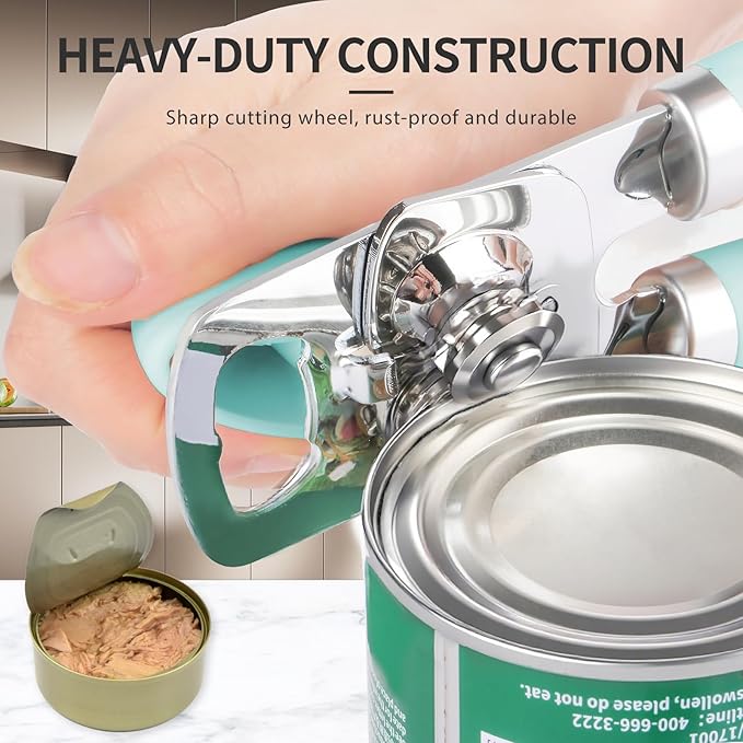 Can Opener Manual, Heavy Duty Stainless Steel Smooth Edge Can Opener With Soft Touch Handle, Oversized Handheld Easy Turn Knob, Multi-Function Bottle Opener, Aqua Sky