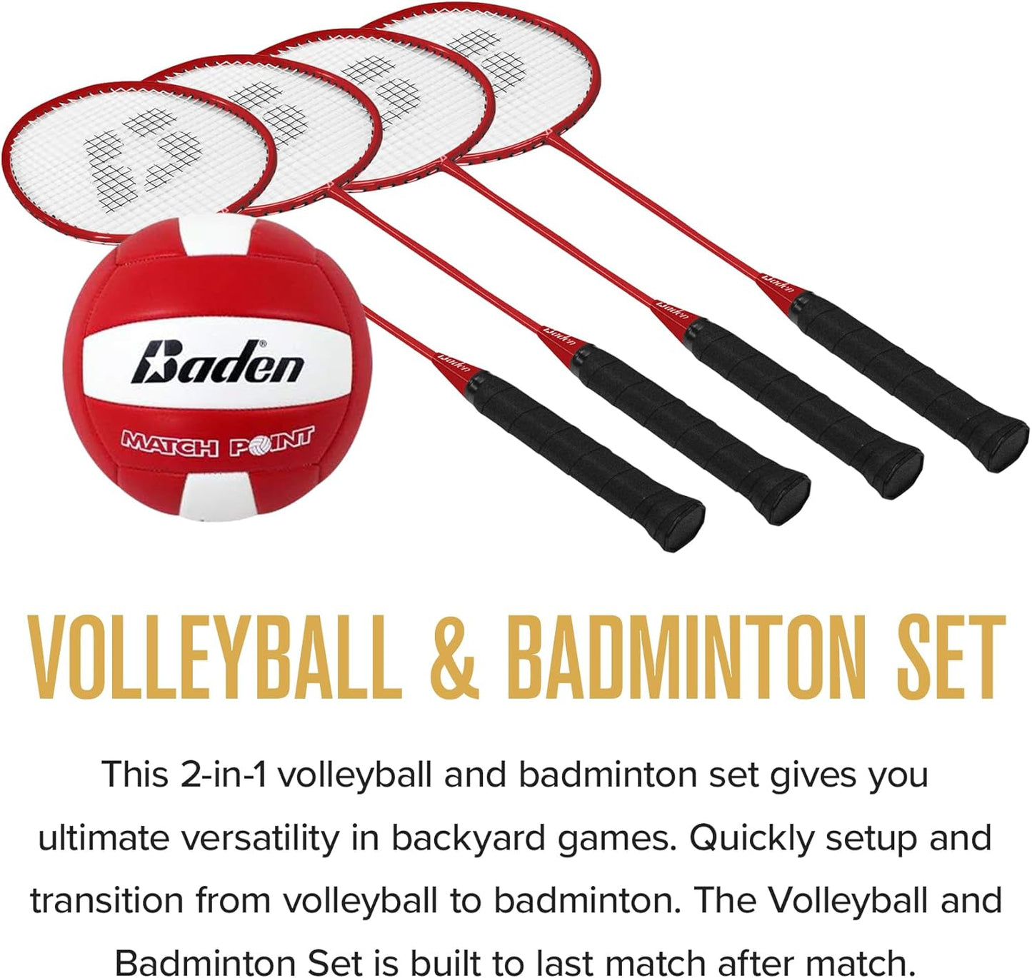 Baden Champions Volleyball/Badminton Portable Combo Set, 4 Raquets + 3 Birdies + Boundary + Volleyball + Pump + Carry Bag