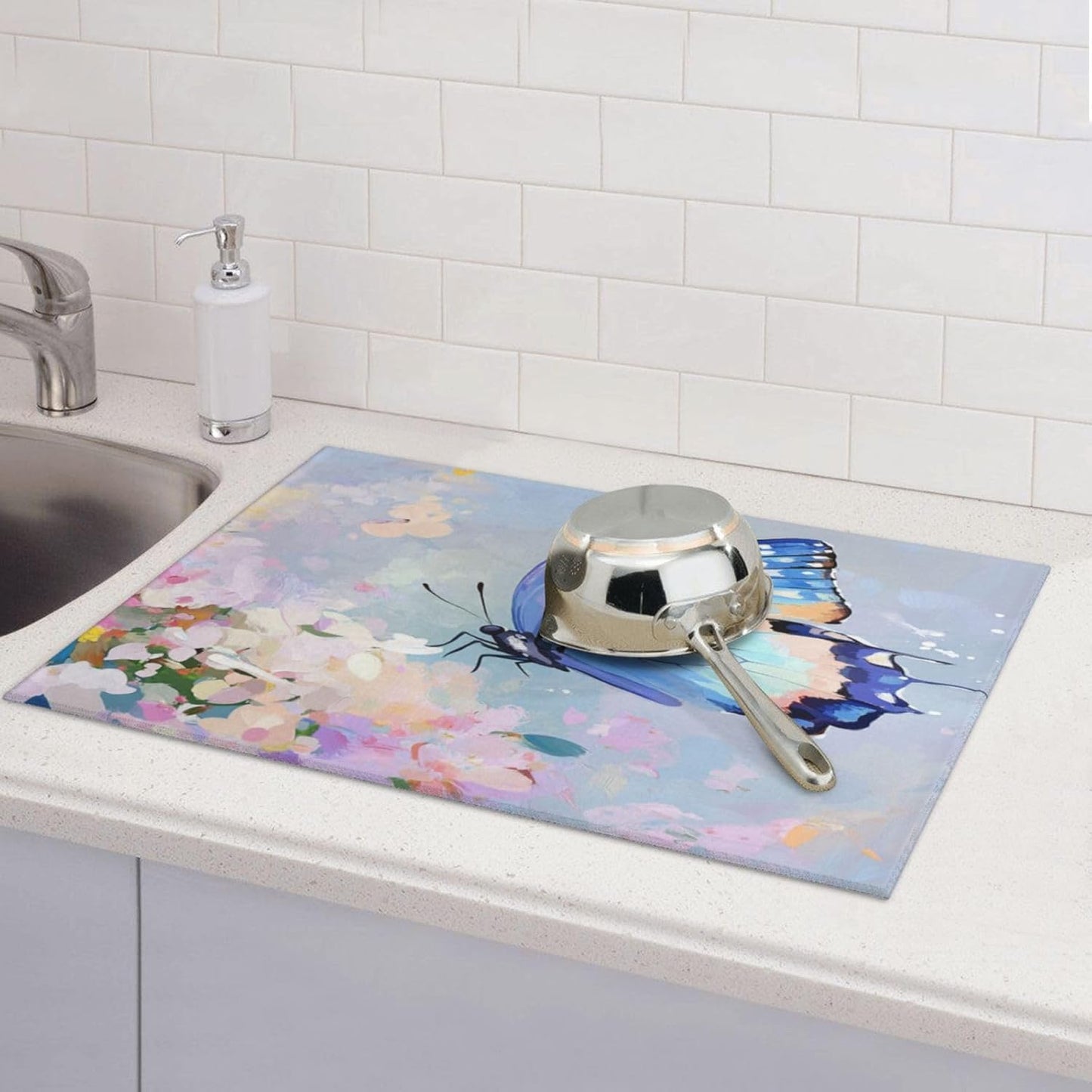 Dish Drying Mat for Kitchen Butterfly Flower Oil Painting Counter Absorbent Dishes Drainer Microfiber Large 18x24 Inch