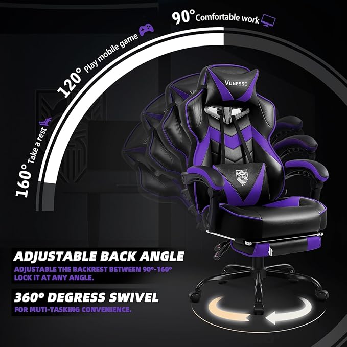 Vonesse Gaming Chair, High Back Gaming Chair with Footrest and Massage, Gaming Chairs for Adults with Pocket Spring Cushion, Big and Tall Reclining Computer Chair with Lumbar Support (Purple/Black)