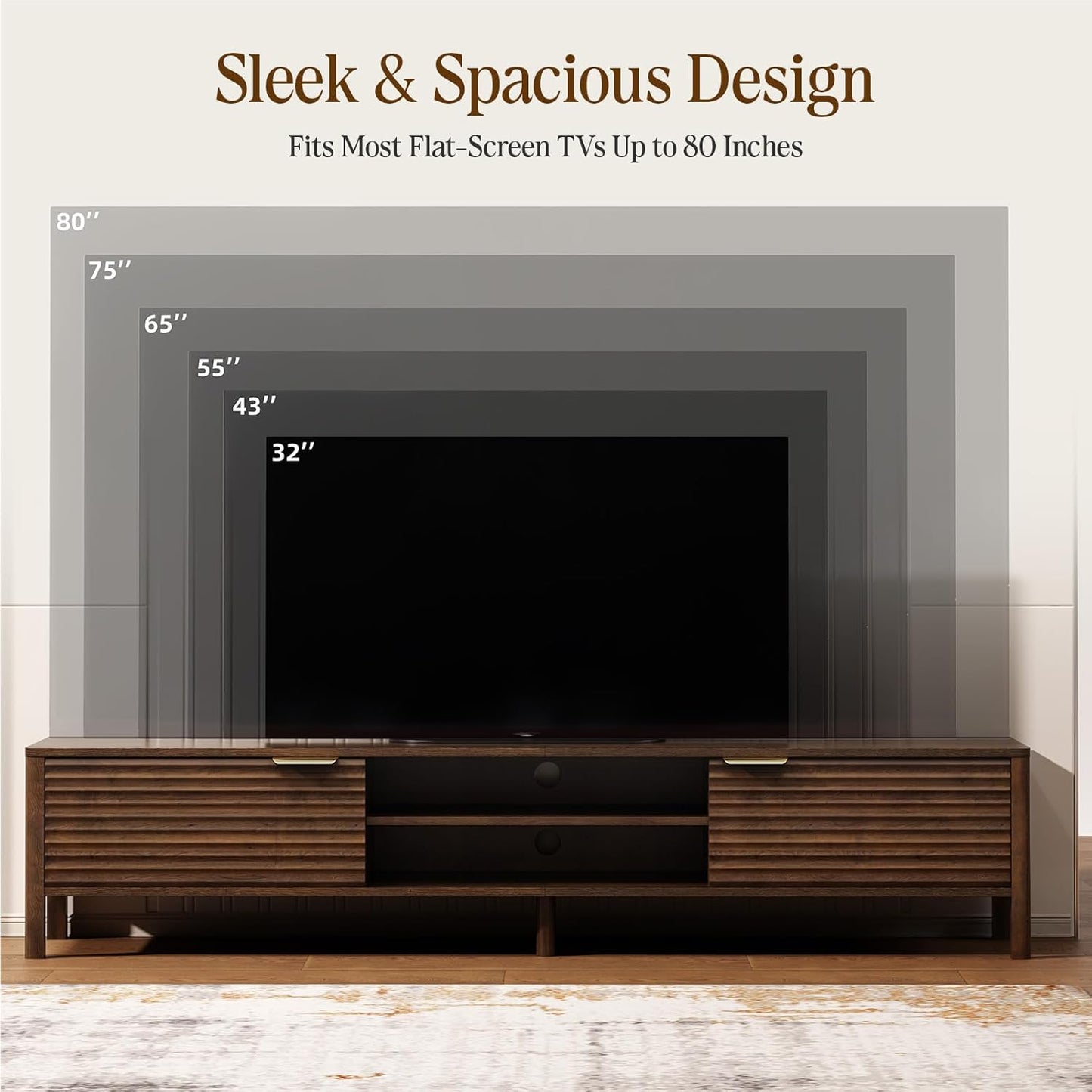 TV Stand for Living Room - up to 80 Inch TVs Mid Century Modern Entertainment Center with Storage and Adjustable Shelves, Media Console Table Walnut 70"