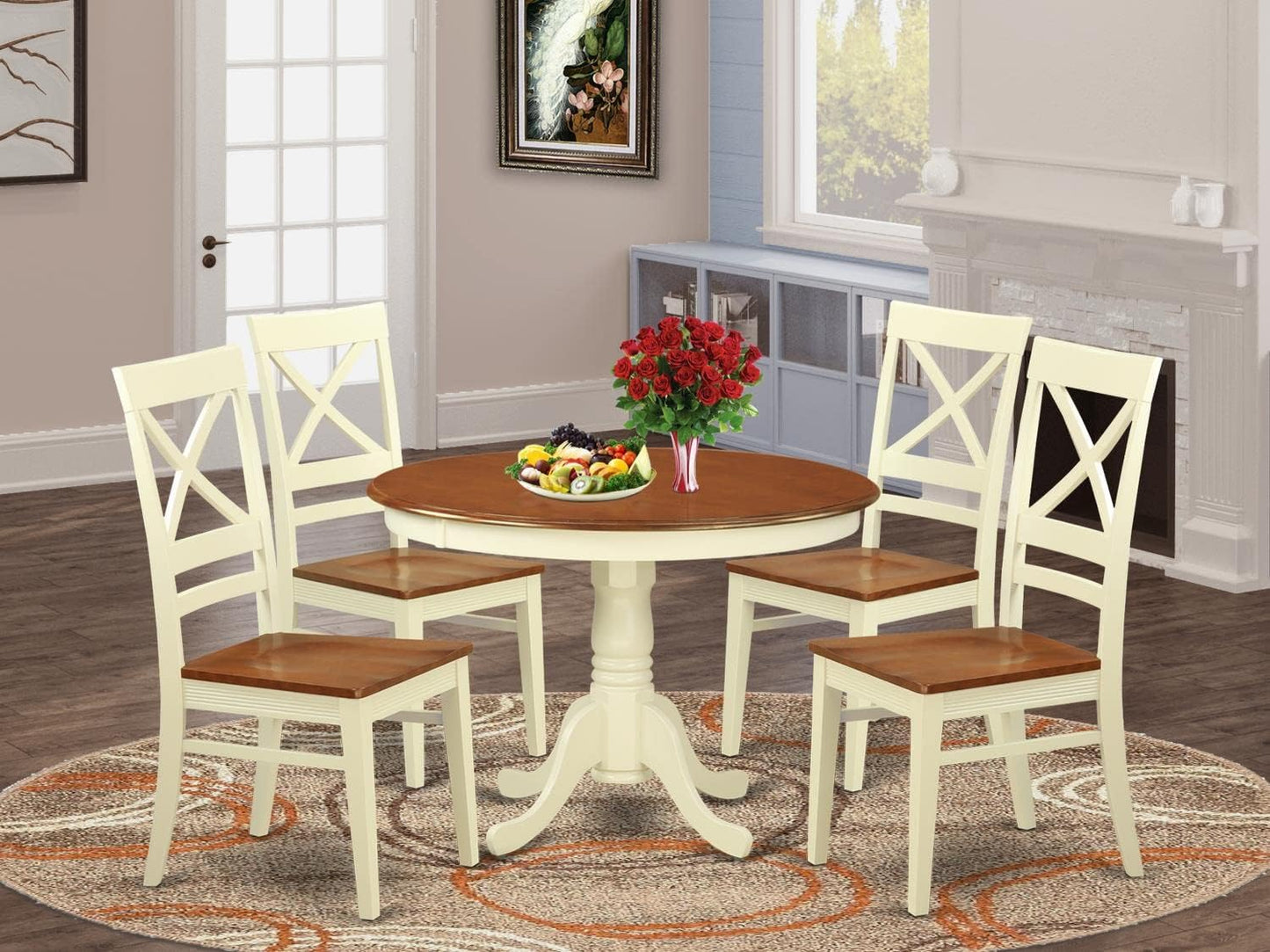 East West Furniture HLQU5-BMK-W 5 Piece Dining Table Set for 4 Includes a Round Kitchen Table with Pedestal and 4 Dinette Chairs, 42x42 Inch, Buttermilk & Cherry