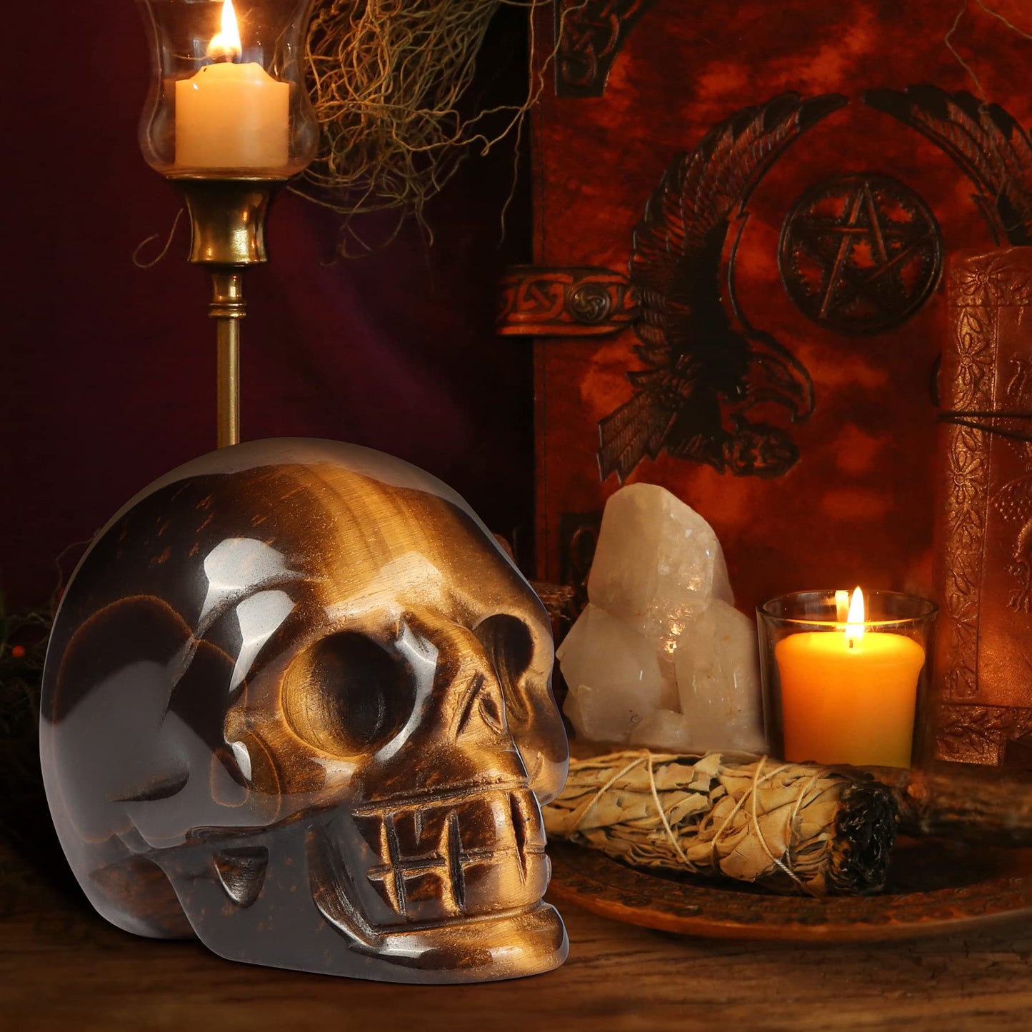 Artistone 2.0" Tiger Eye Crystal Skull Head Statue,Hand Carved Gemstone Human Reiki Skull Figurine Sculpture Crystal and Healing Stones for Home,Office Halloween Decor