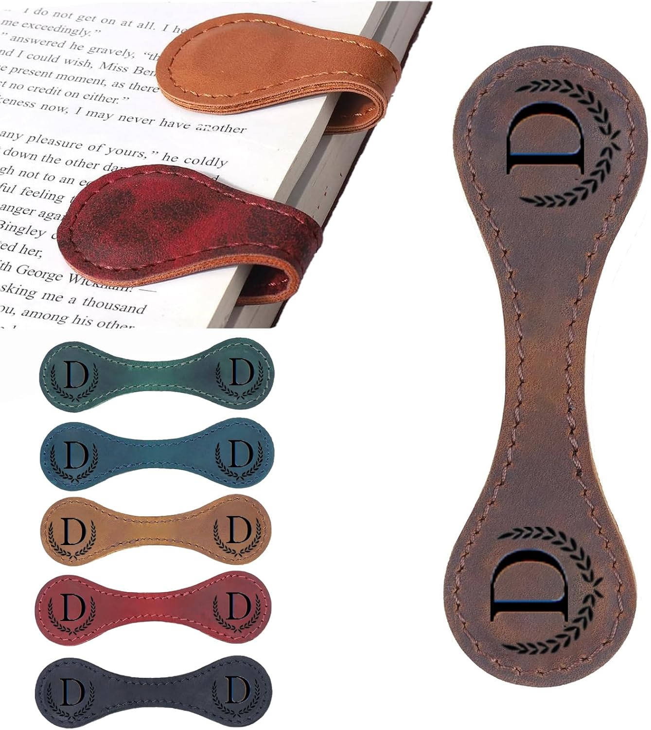 Personalized Magnetic Leather Bookmark, 26 Letters Custom Leather Bookmarks, Handmade, Leather Magnetic Bookmark for Book Lovers Readers Women Kid(Brown，D）
