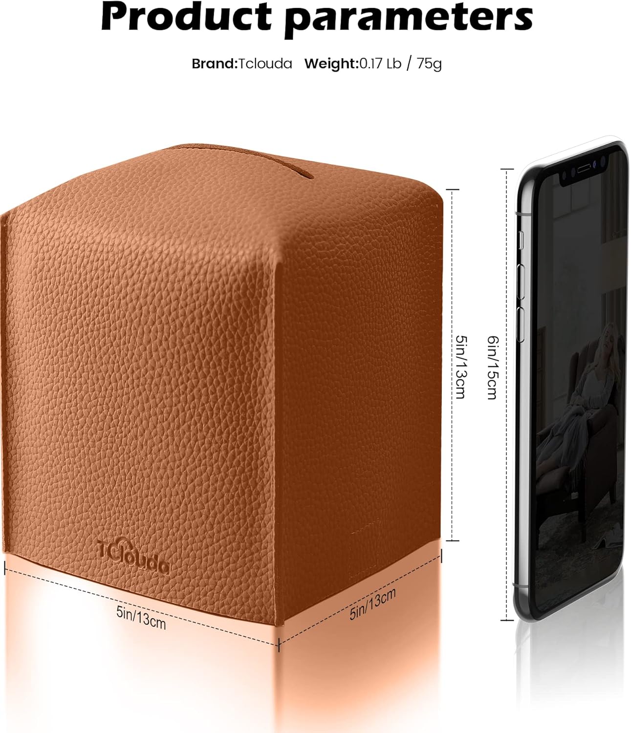 Tissue Box Cover for PU Leather, Modern Simple Solid Color Holder Square Tissue Bag, Ideal for Bathrooms,Office,Car,Nightstand,Outdoor Tent,Dining Table,5"X5"X5", Double Camel