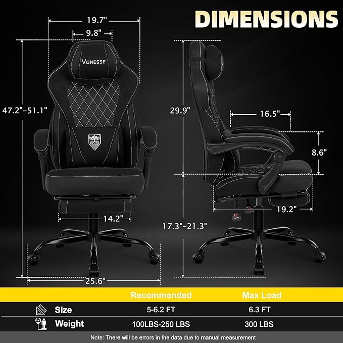 Vonesse Gaming Chair, Reclining Fabric Gaming Chairs for Adults 250LBS, Office Chair with Pocket Spring Cushion, Computer Chair with Footrest and Massage Lumbar Support (Black)