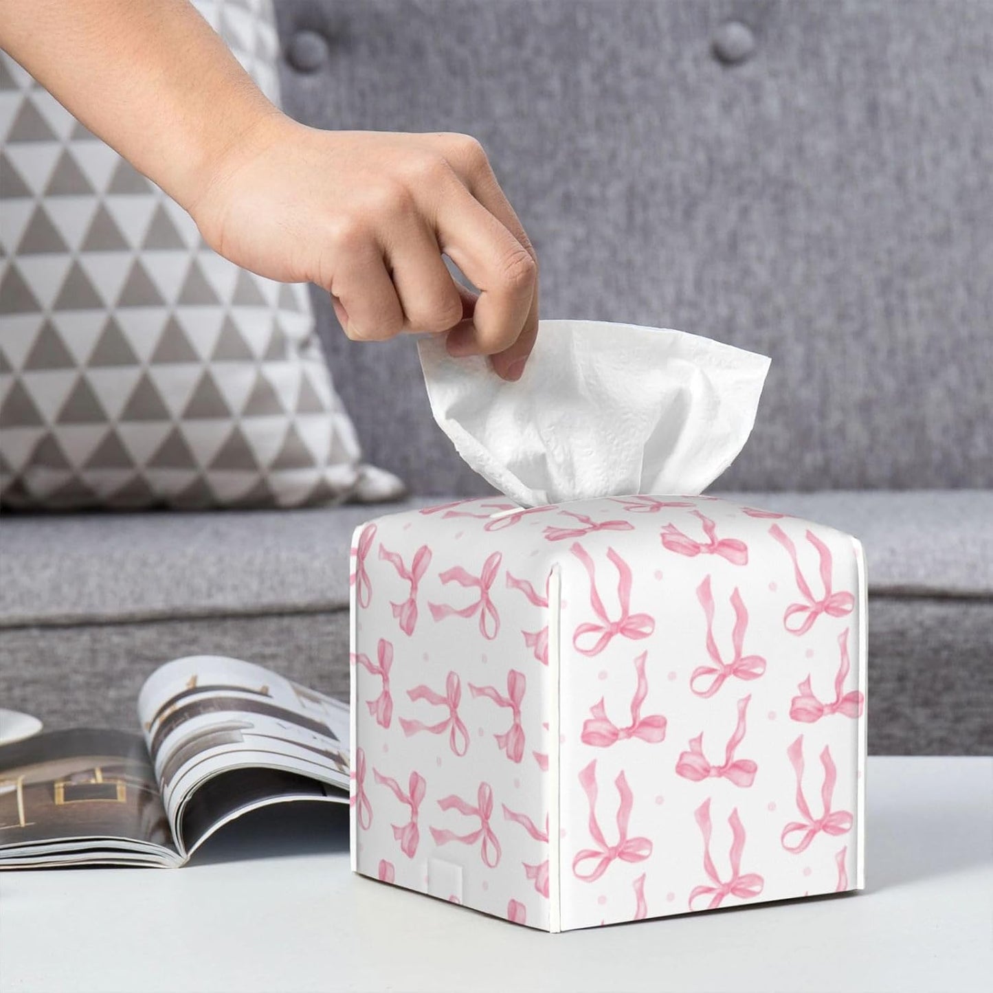 Pink Bow Tissue Box Holder Paper Organizer, PU Leather Tissue Case Cover, Bow Decor for Bathroom, Kitchen, Car