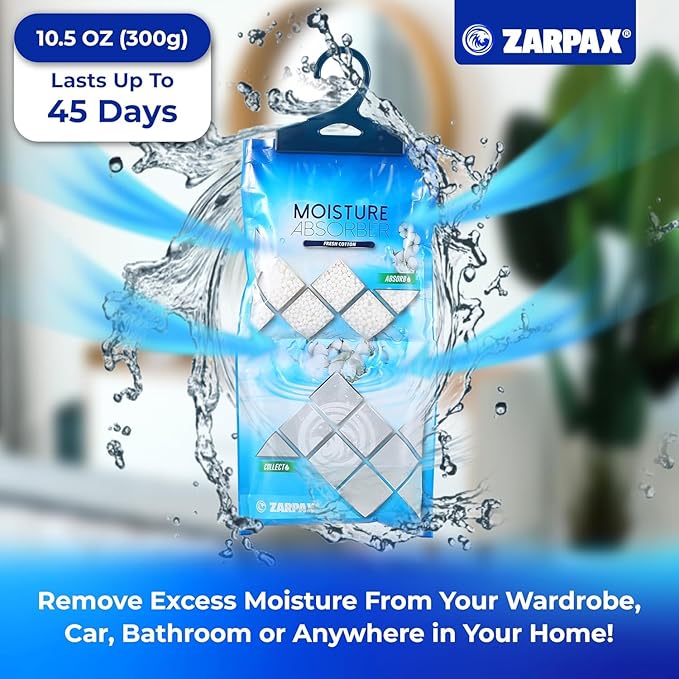 Hanging Moisture Absorber Fresh Cotton 10.6 oz/300g | Moisture Absorbing Bags for Bathroom, Closet, Kitchen & Vehicles | Removes Moisture, Humidity & Odors | Portable Dehumidifier | Set Of 10