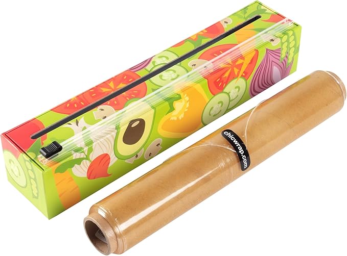 Chicwrap Veggies Refillable Plastic Wrap Dispenser - Includes One 12" x 250' Roll of Professional Grade Plastic Wrap - BPA Free and Kosher Certified - Reusable Dispenser w/Slide Cutter