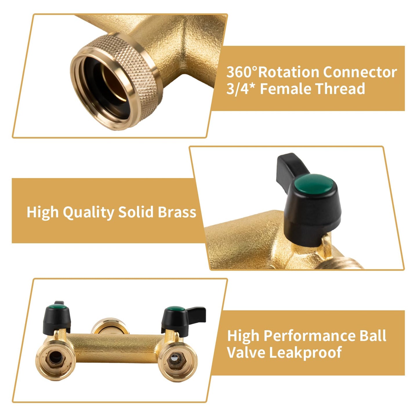 Hose Splitter, 2 Way Heavy Duty Brass Garden Hose Splitter, Outdoor Faucet Splitter, for 3/4" Hose Connector, Hose Spigot Adapter with 2 Individual ON/Off Valves