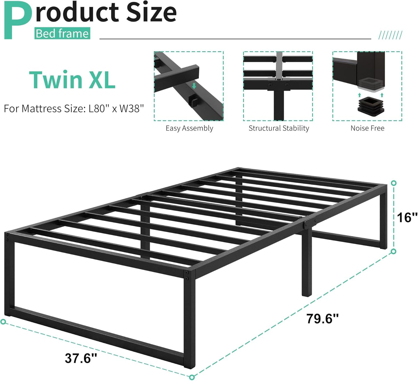 16 Inch Twin XL Bed Frames Heavy Duty Sturdy Metal Platform Bed Frame No Box Spring Needed, Noise Free, Easy Assembly, Black