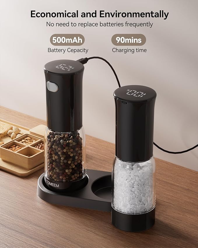 TOMEEM Electric Salt and Pepper Grinder Set – Rechargeable with LED Power Indicator, 5-Level Adjustable Grinding, LED Light, 4.5oz Large Capacity Salt and Pepper Shakers with Storage Base