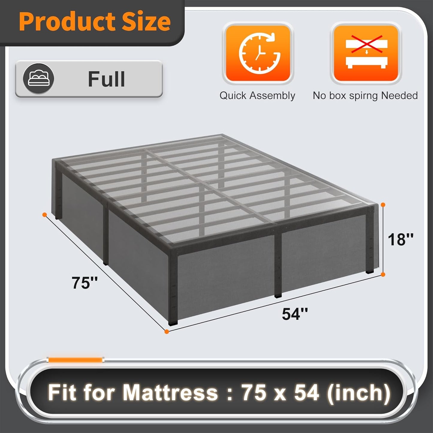 18 Inch Full Size Bed Frame with Black Bed Cover, Metal Bed Frame Full Size No Box Spring Needed, Heavy Duty Mattress Foundation, Easy Assembly, Noise Free