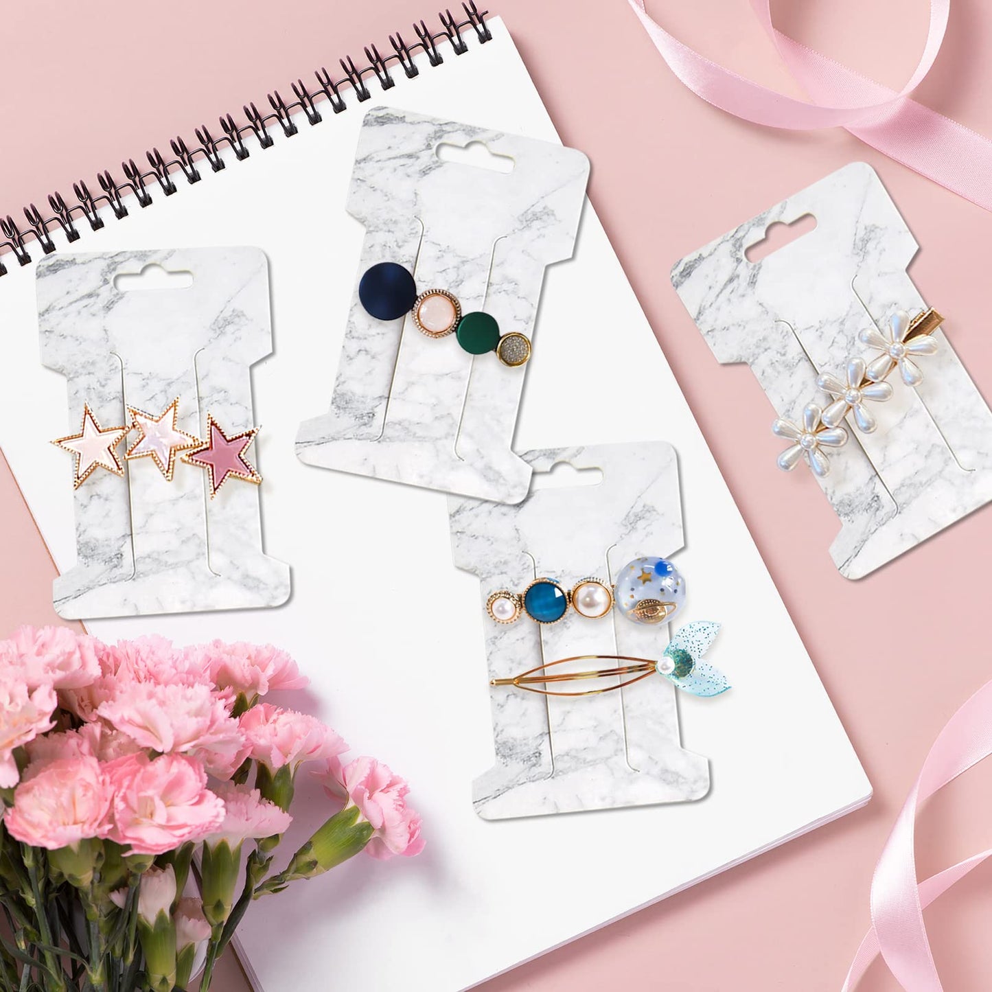 Mototo 200 PCS Hair Clip Bow Display Cards Hair Barrettes Jewelry Display Holder Rectangle Paper Cardboard for Hair Accessories Display and Organizing, 4 x 2-1/2 Inches (Marble Stripe)